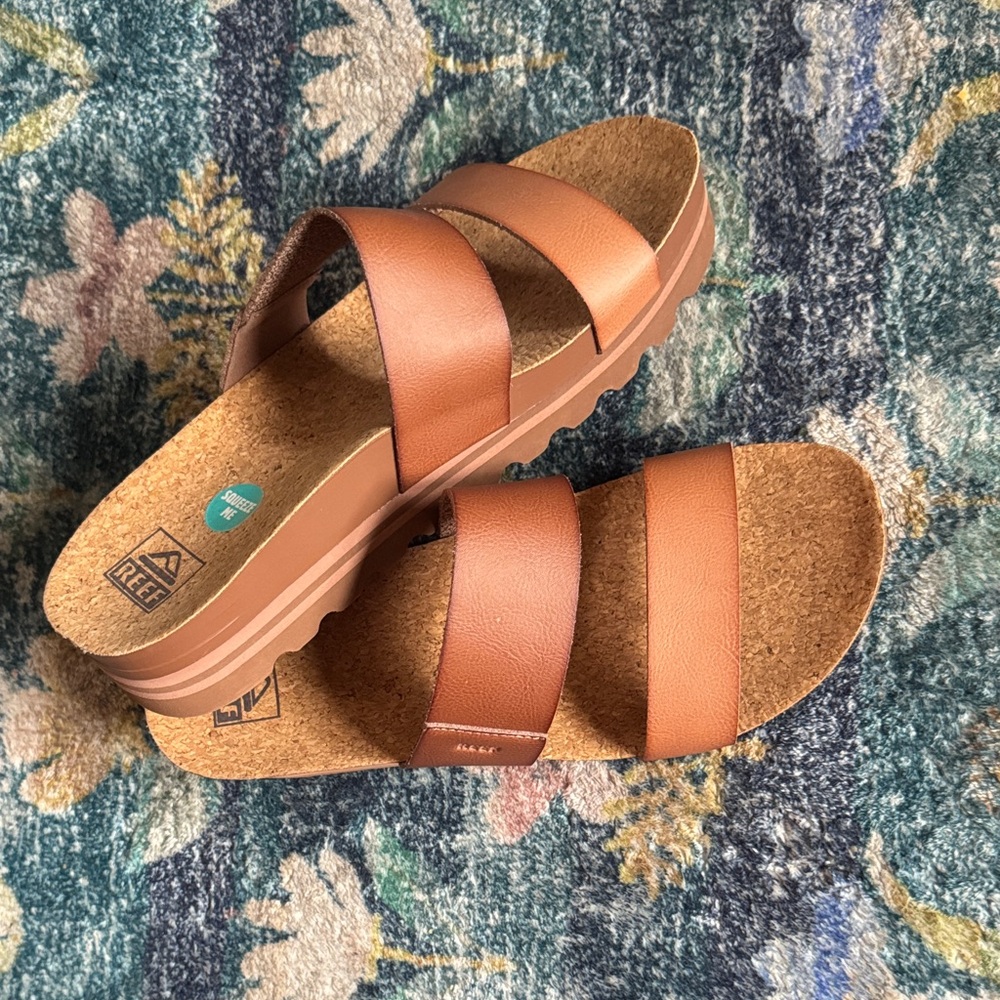 Reef Tan Brown Dual-Strap Cork Footbed Slides